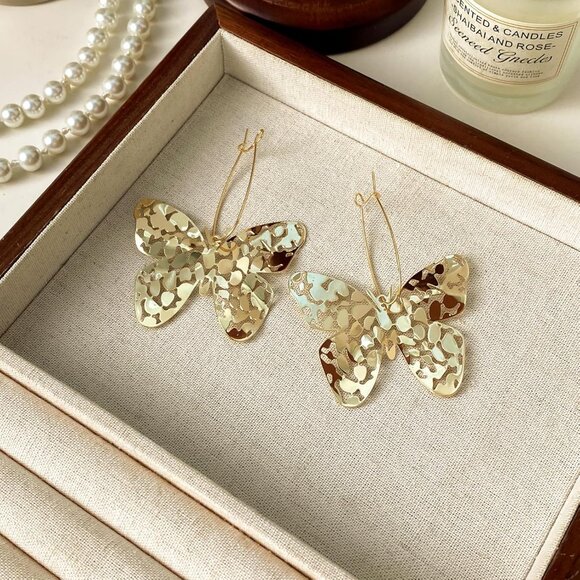 Big Gold Hollow Out Boho Geometric Hook Statement Gold Butterfly Dangle Earrings - Picture 2 of 8